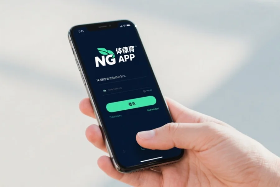 展示一只手持手机,屏幕显示NG体育APP的登录界面,手指即将点击“登录”按钮,环境专业现代